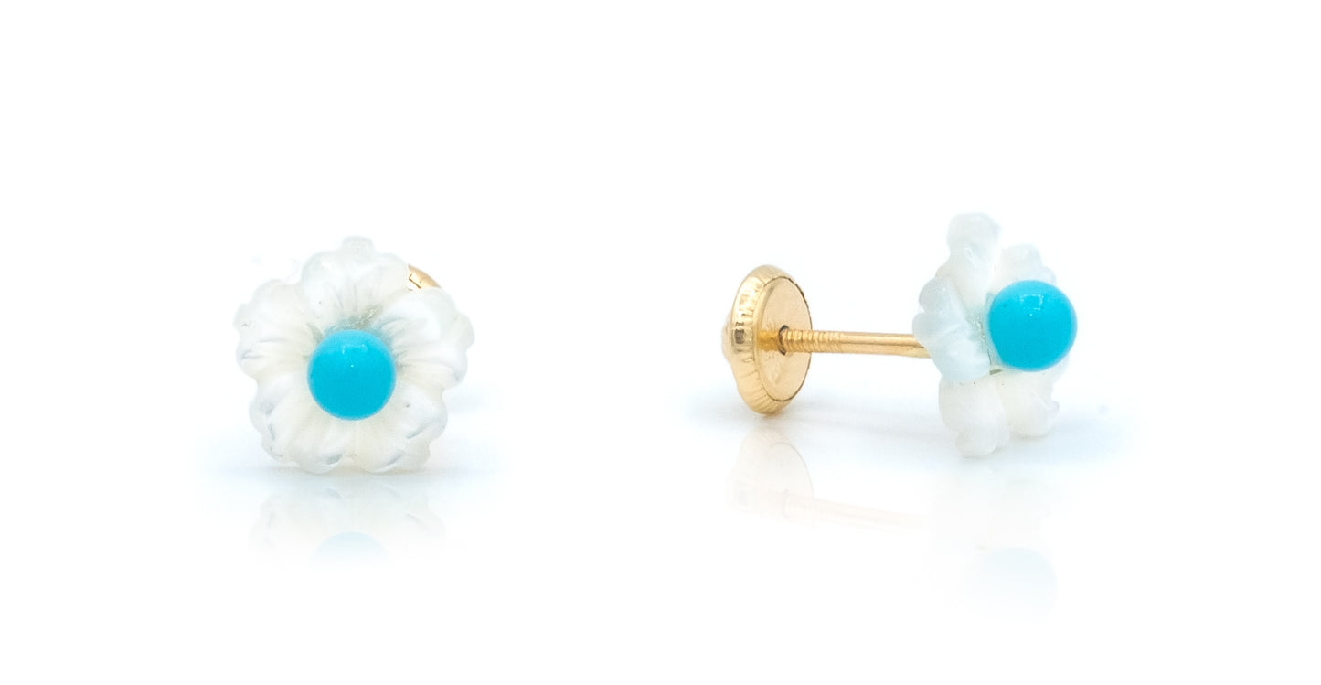 Mother of Pearl Flower with Turquoise/Coral Baby Earrings