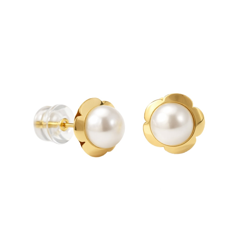 9MM Pearl Flower Stud Earrings with Silicone Screwback