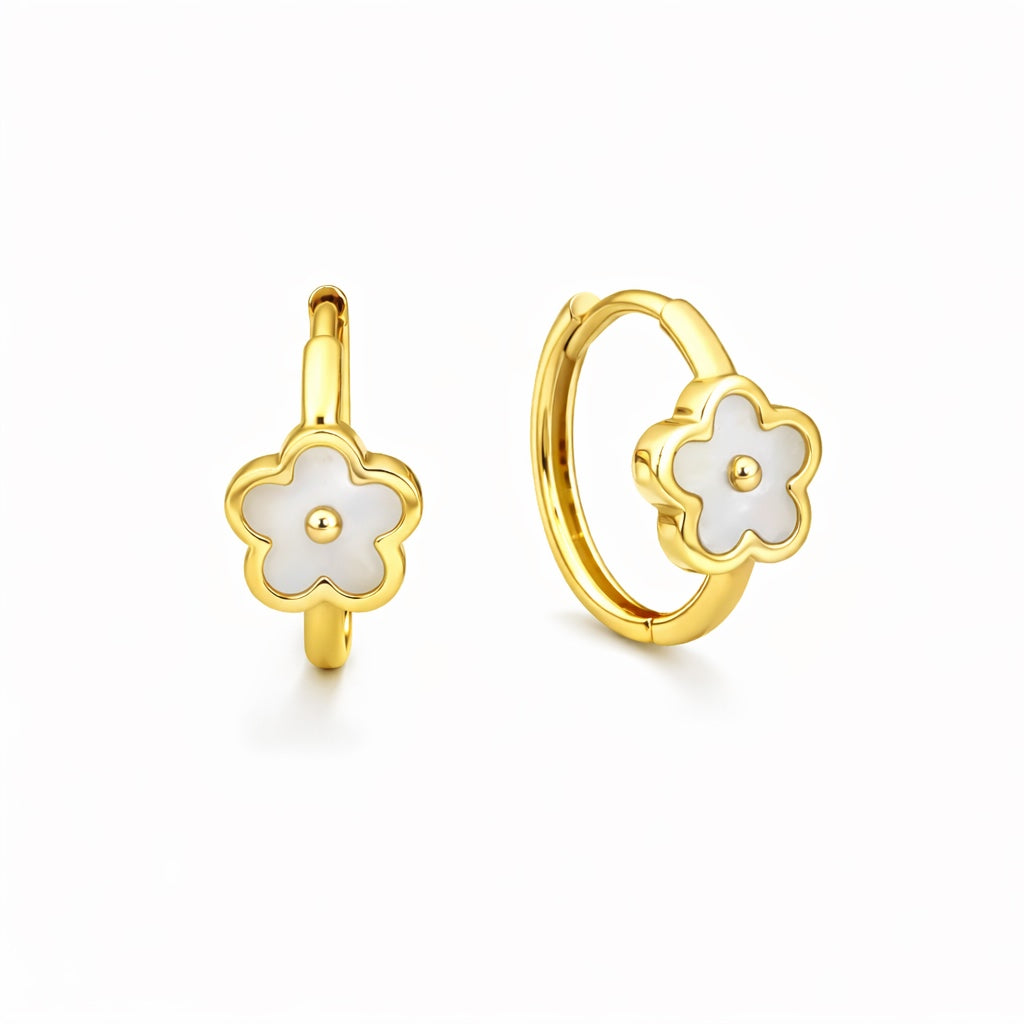 14K Gold Mother of Pearl Flower Huggie Earrings