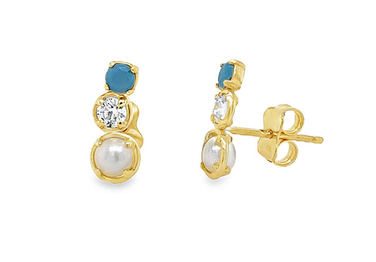 Pearl, Cubic Zirconia and Turquoise Crawler Earring