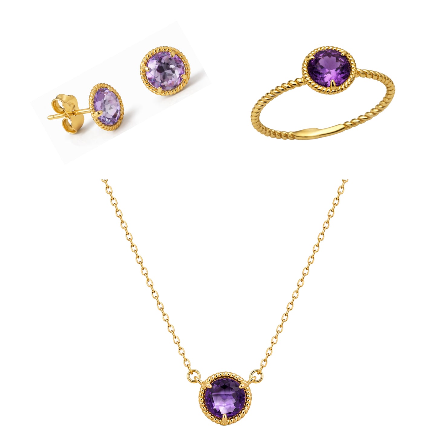 Gold jewelry set of earrings, ring and necklace with purple amethyst gemstones on a white background