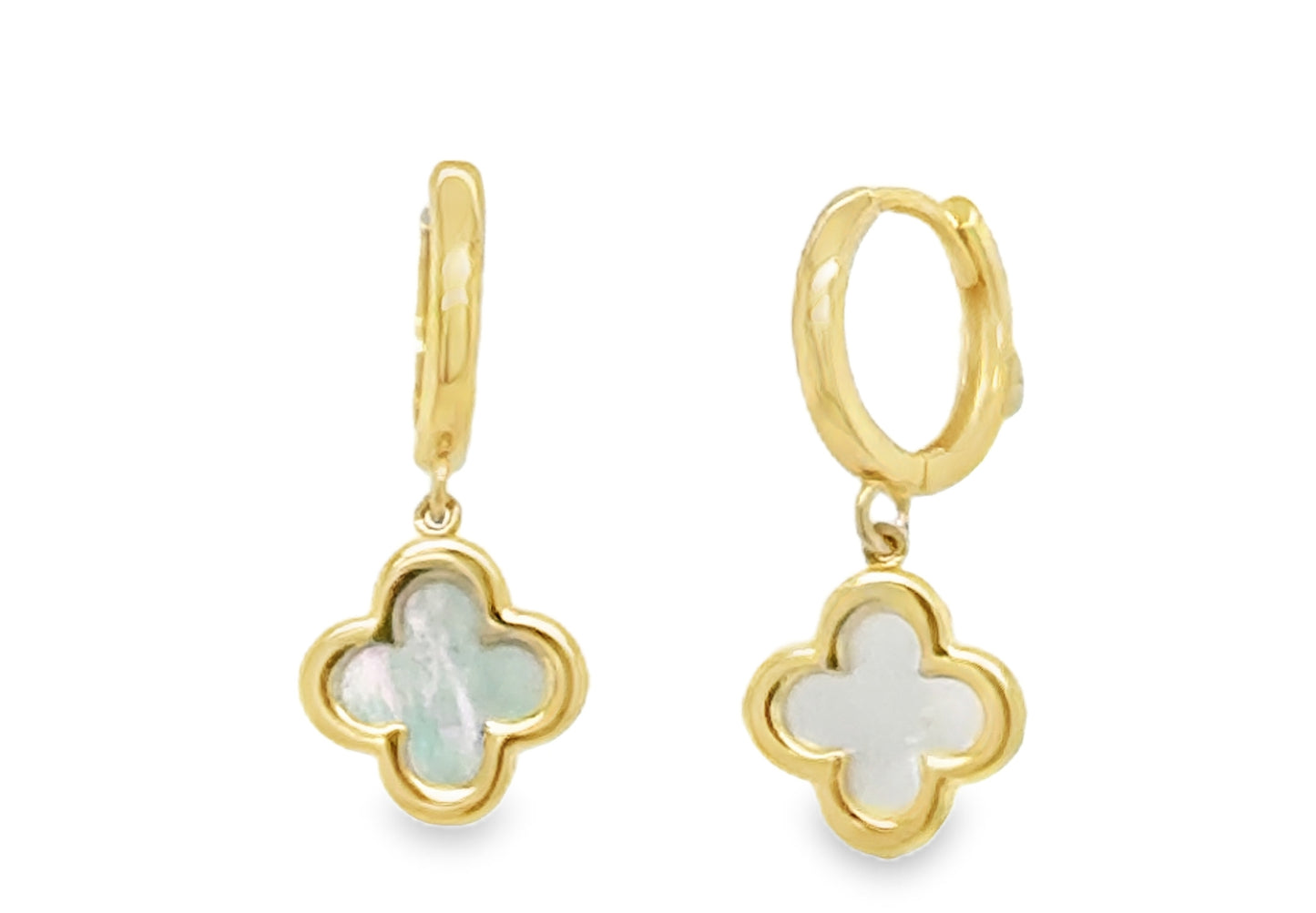 Mother of Pearl Clover Dangle Huggie Hoop Earrings