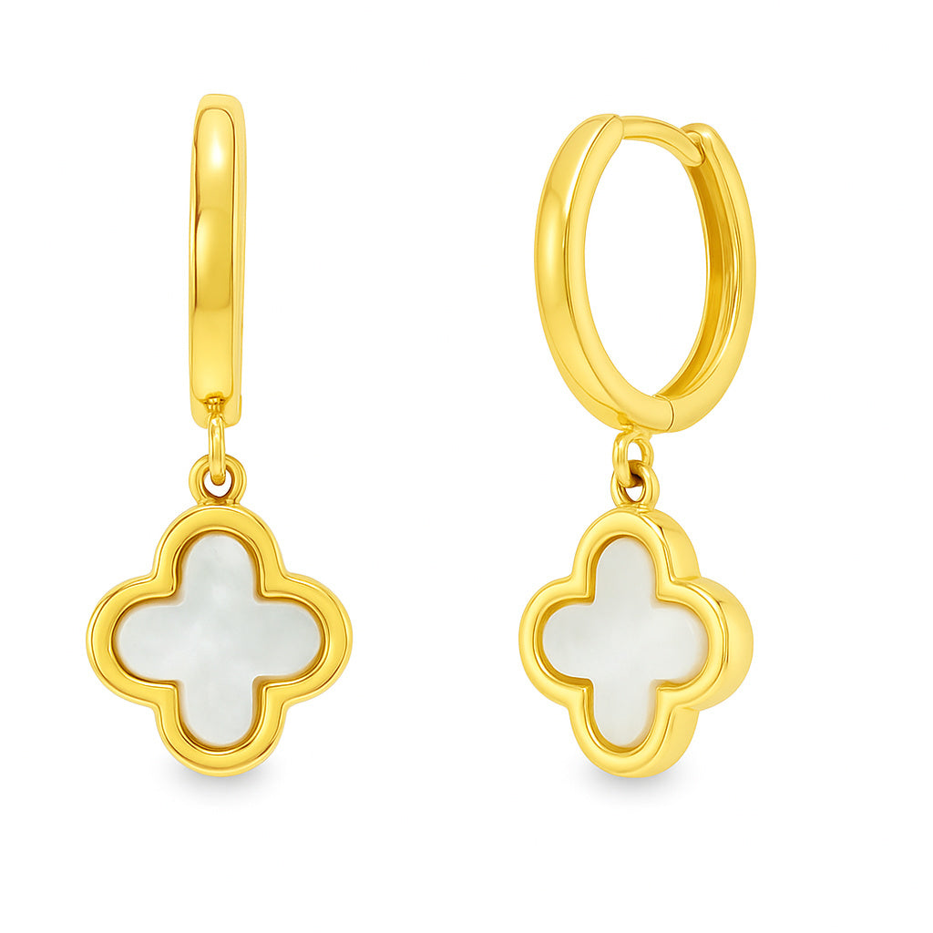 Mother of Pearl Clover Dangle Huggie Hoop Earrings