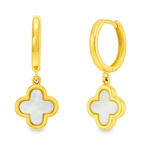 Mother of Pearl Clover Dangle Huggie Hoop Earrings