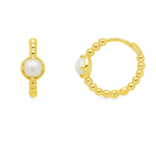 Button Pearl Beaded Huggie Hoop Earrings