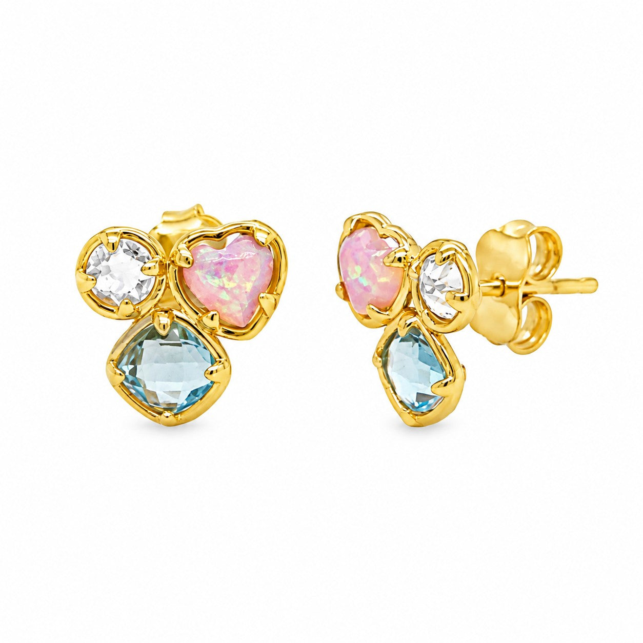 Gold earrings with heart-shaped pink  opal, and cushion cut blue topaz & white topaz gemstones  on a white background