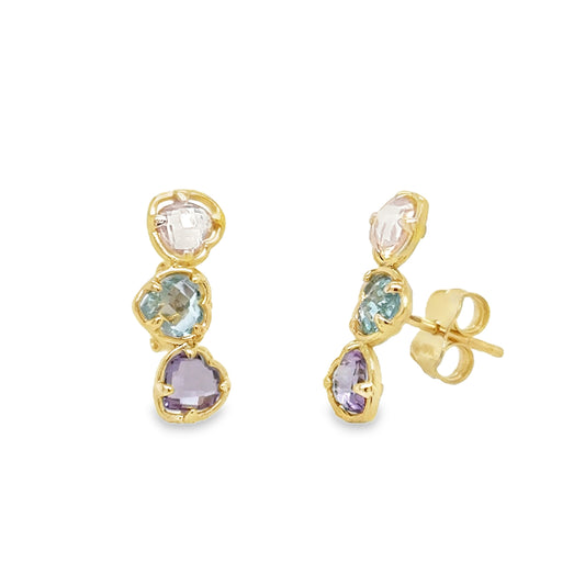 Tri Color Heart Gemstone Crawler Earrings