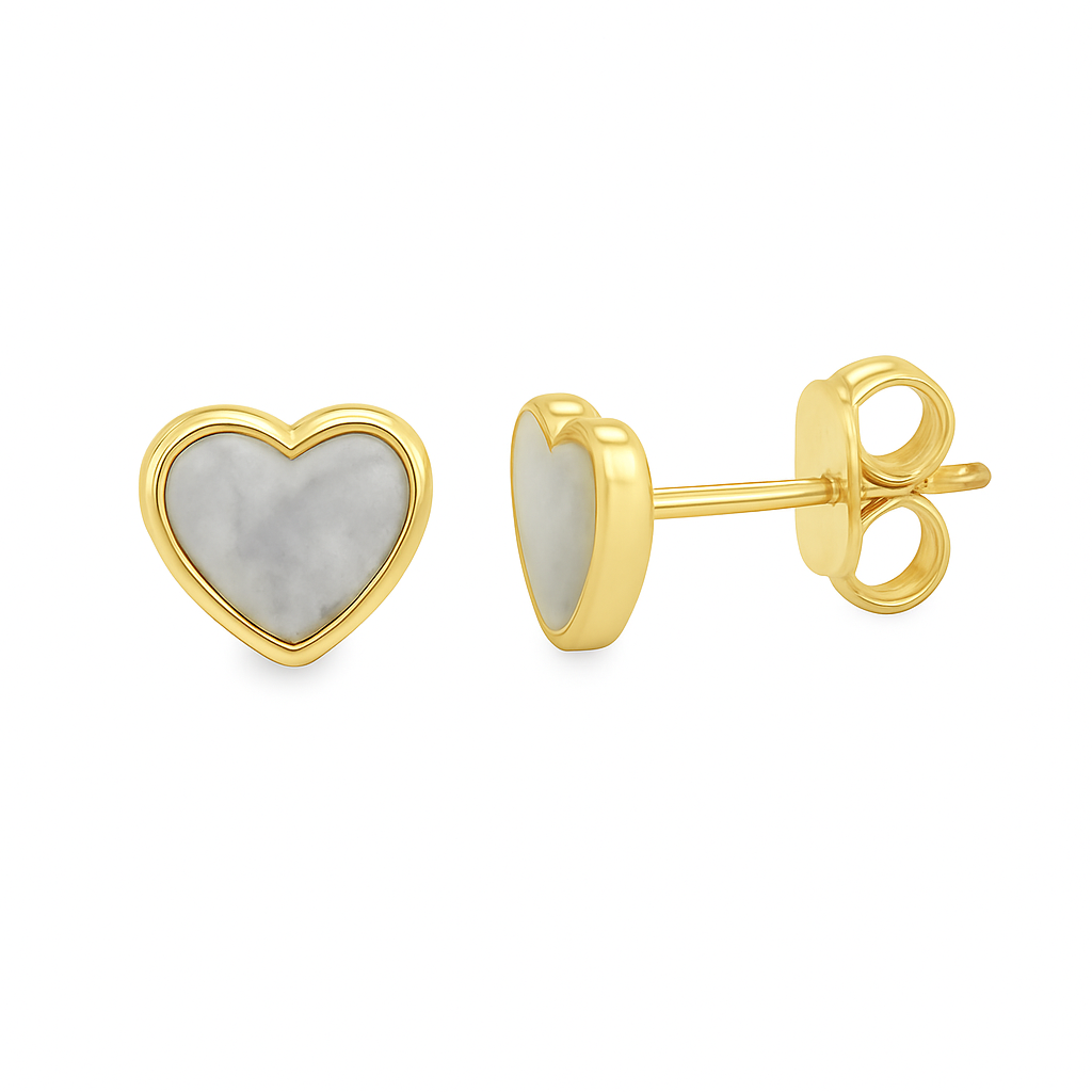 Fine Bezel Heart Mother of Pearl Stud Earrings