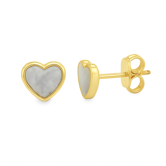 Fine Bezel Heart Mother of Pearl Stud Earrings