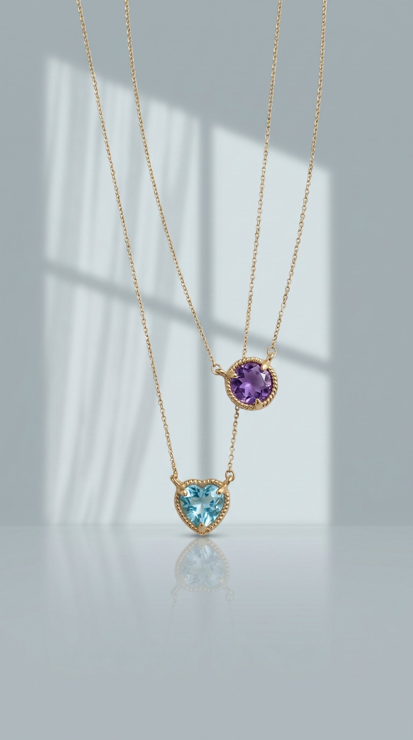 Round Amethyst/Blue Topaz Gemstone Rope Halo Solitaire Necklace