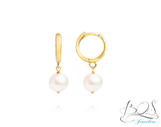 Pearl Dangle Huggie Hoop Earrings 14K Gold
