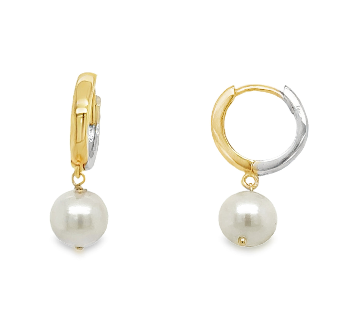 Elegant Two-Tone Huggie Earrings with Pearl Dangle