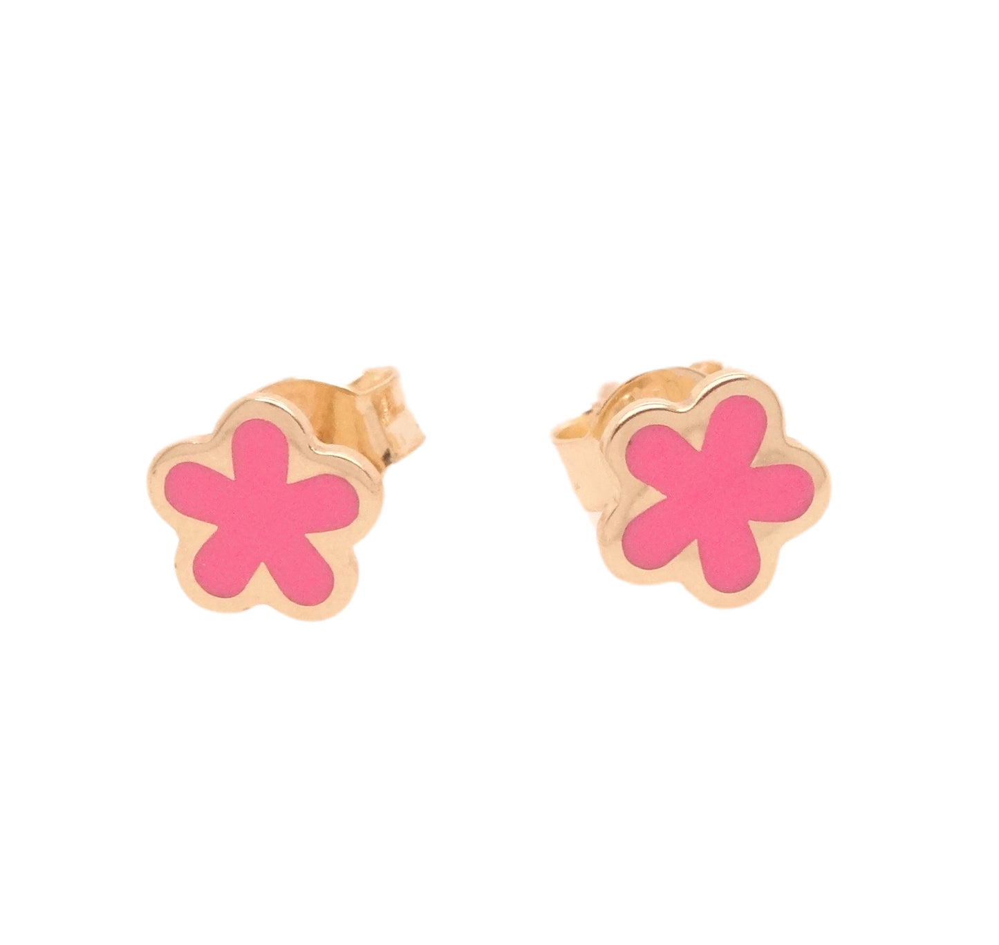 14K Gold Pink Flower Enamel Earrings