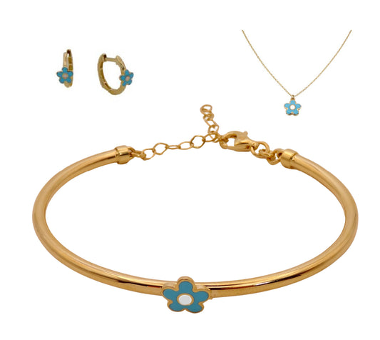 Blue Enamel Daisy Flower Earring, Bangle Bracelet & Necklace Kids Gift Set