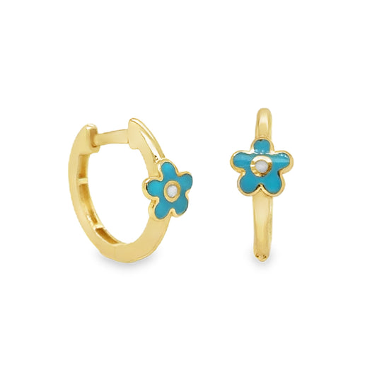 Blue Enamel Daisy Flower Huggie Hoop Earrings