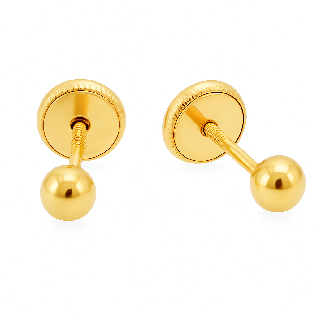 Pair of gold barbell earrings on a white background