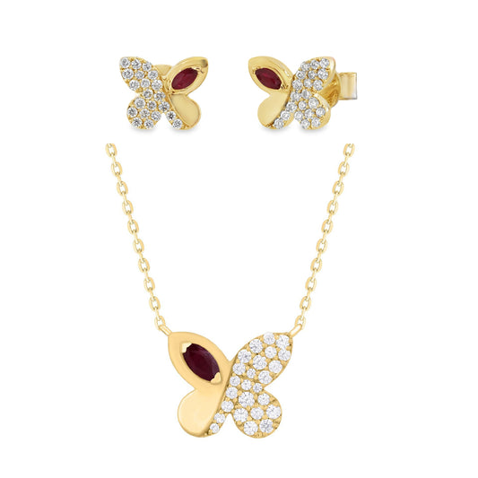 Whimsy in Flight Diamond And Ruby Color Stone Butterfly Earring & Necklace Gift Jewelry Set