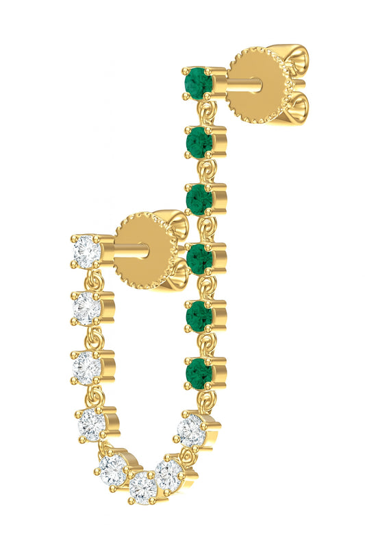 Single Chain Half Color Stone And Diamond Connector Dangle Earring