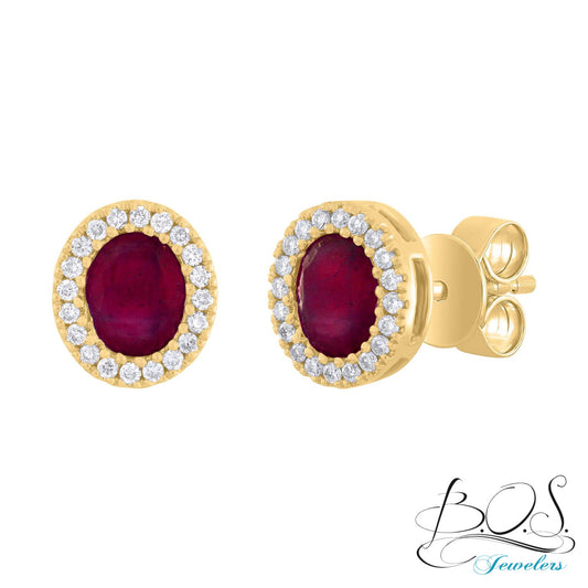 14K Gold Oval Diamond and Color Stone Earring