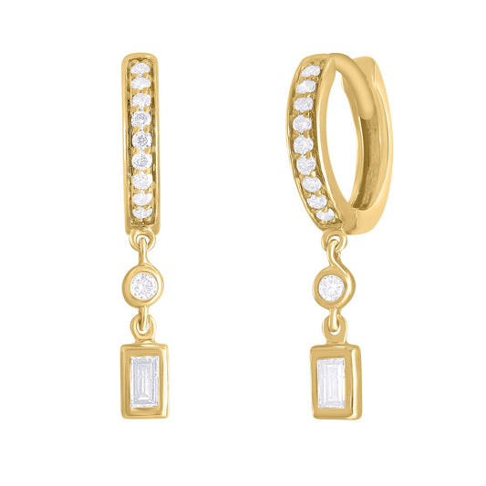 Mini Pave Diamond Huggies with Dangling Baguette and Round Diamonds