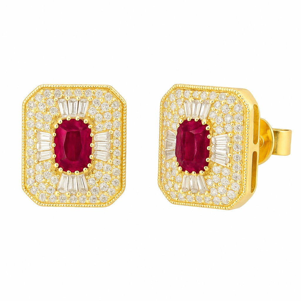 Opulent Mosaic Diamond Halo Step Cut Rectangular Color Stone Earrings