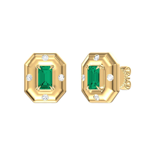 Octagonal Color Stone & Diamond Stud Earrings