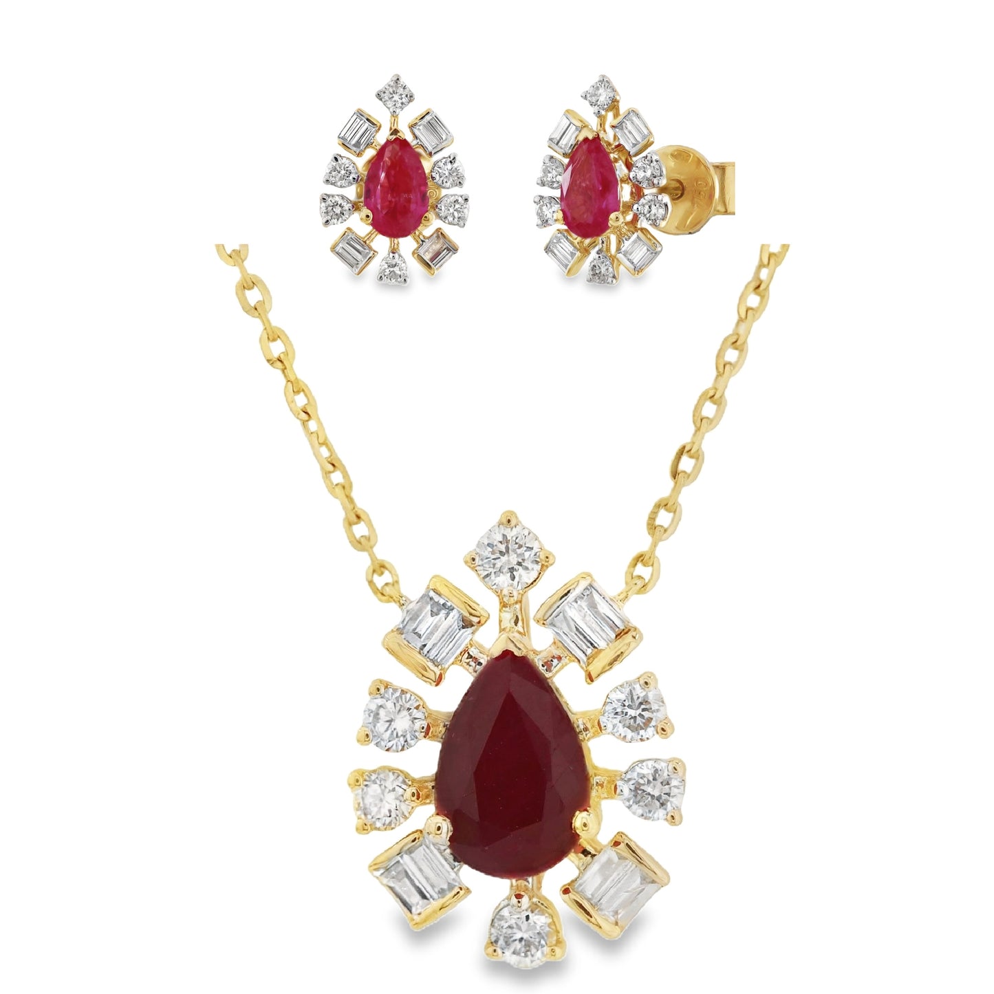 Mosaic Diamond Halo Pear Shape Ruby Earrings and Necklace Gift Jewelry Set