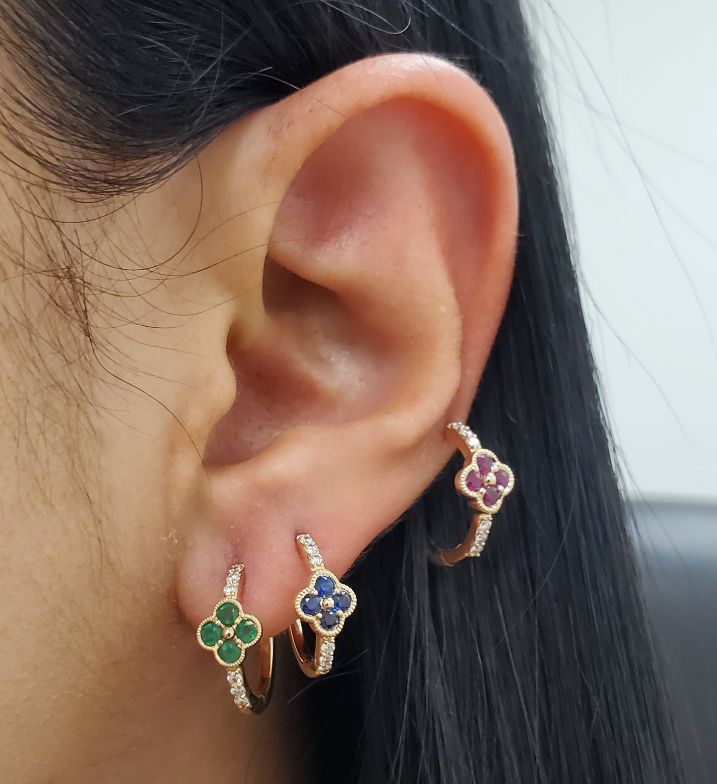 Diamond and Color Stone Clover Huggie Hoop Earrings