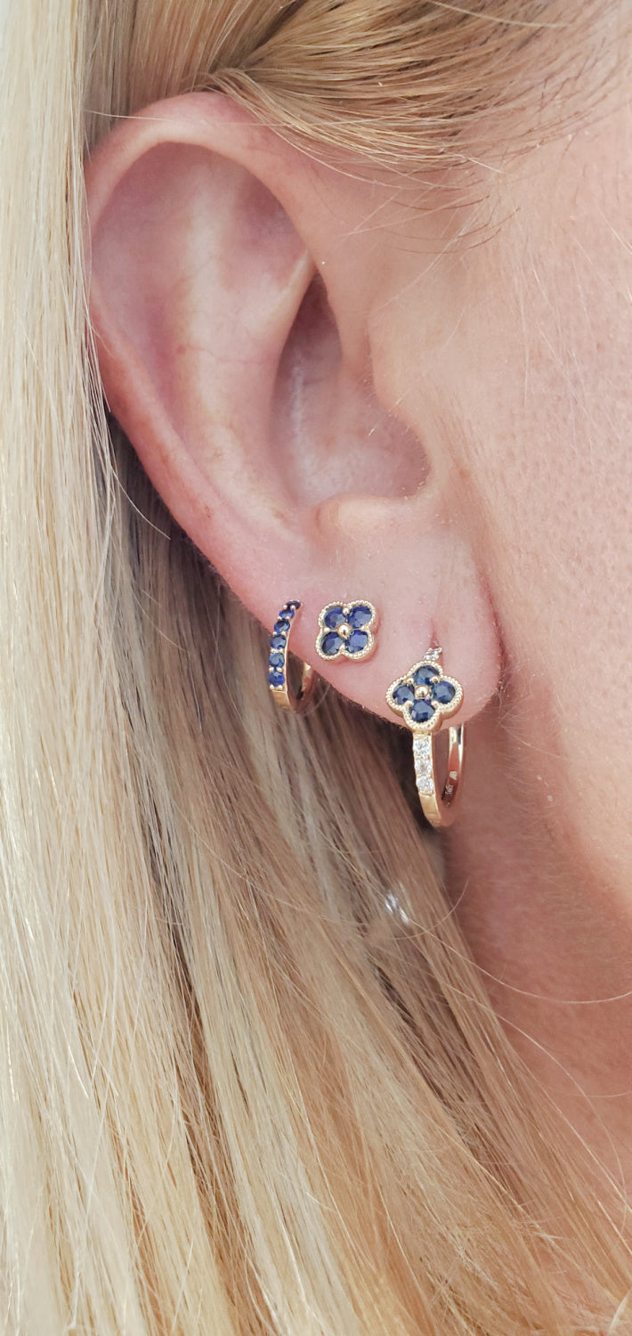 Diamond and Color Stone Clover Huggie Hoop Earrings