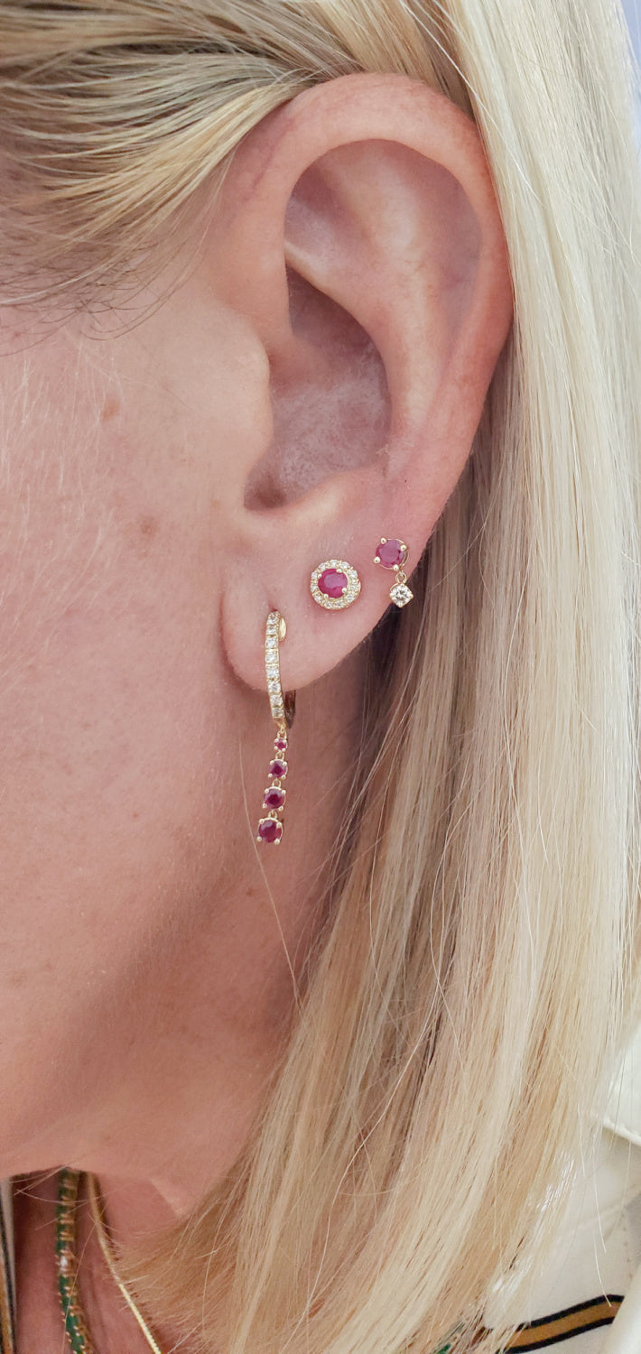 Gold Diamond Huggie Earrings with Dangling Color Stones