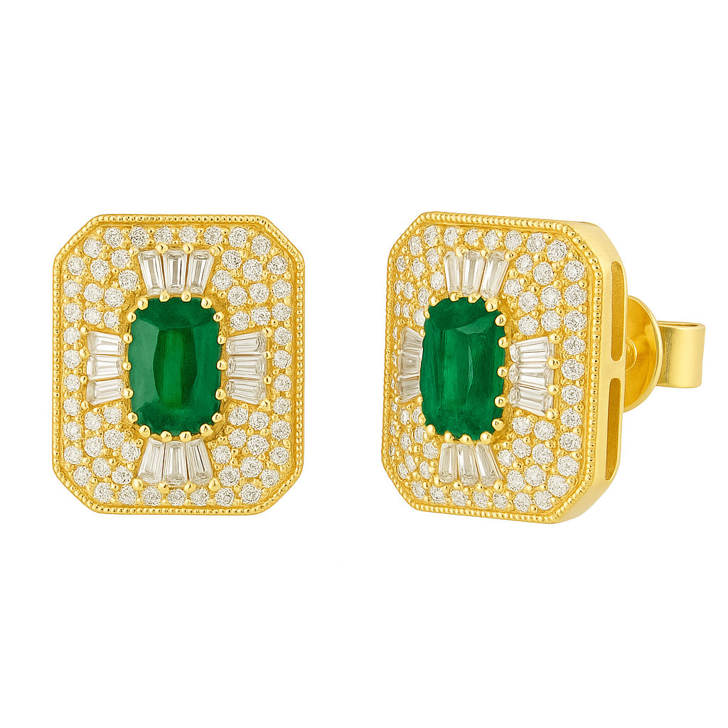Opulent Mosaic Diamond Halo Step Cut Rectangular Color Stone Earrings