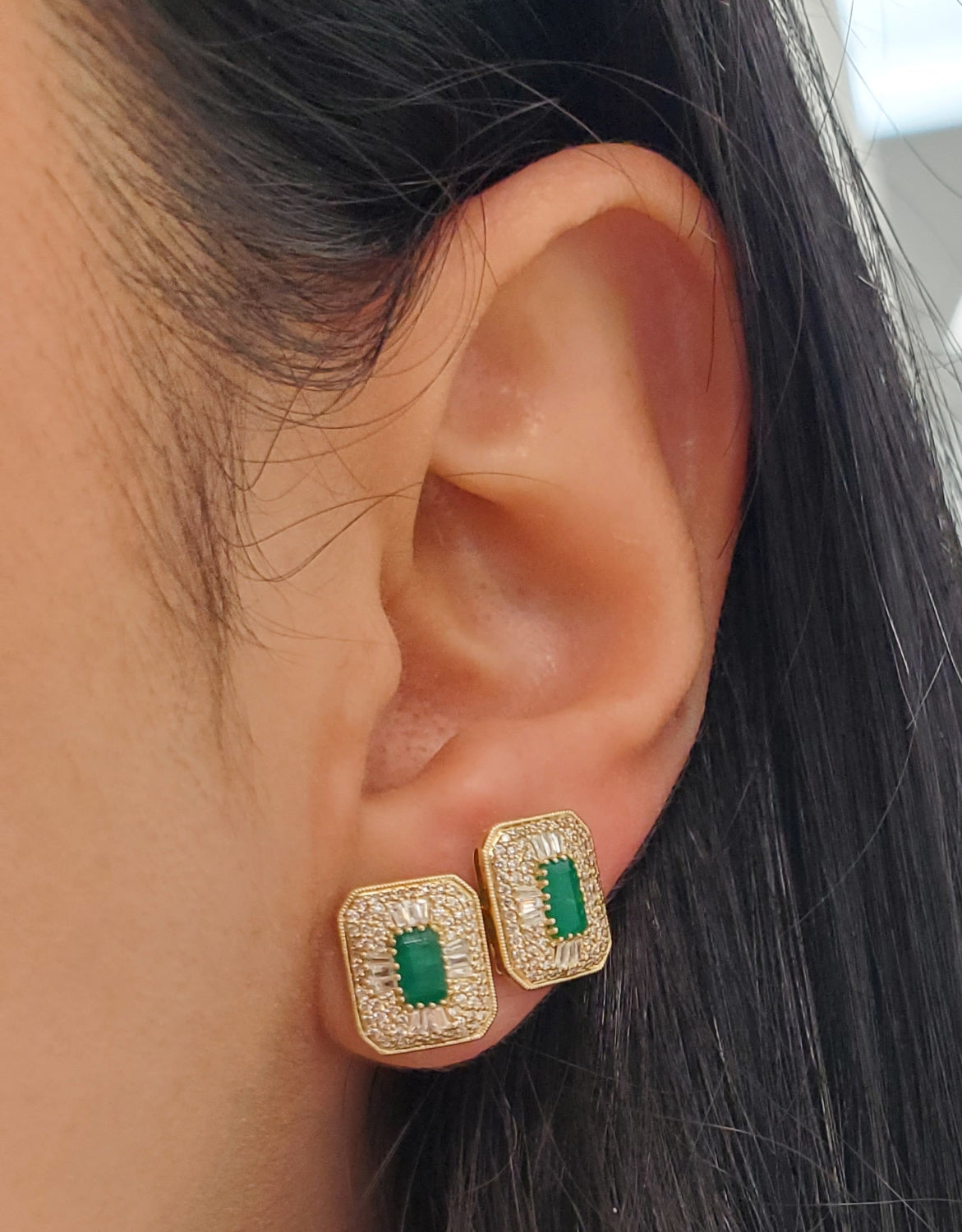 Opulent Mosaic Diamond Halo Step Cut Rectangular Color Stone Earrings