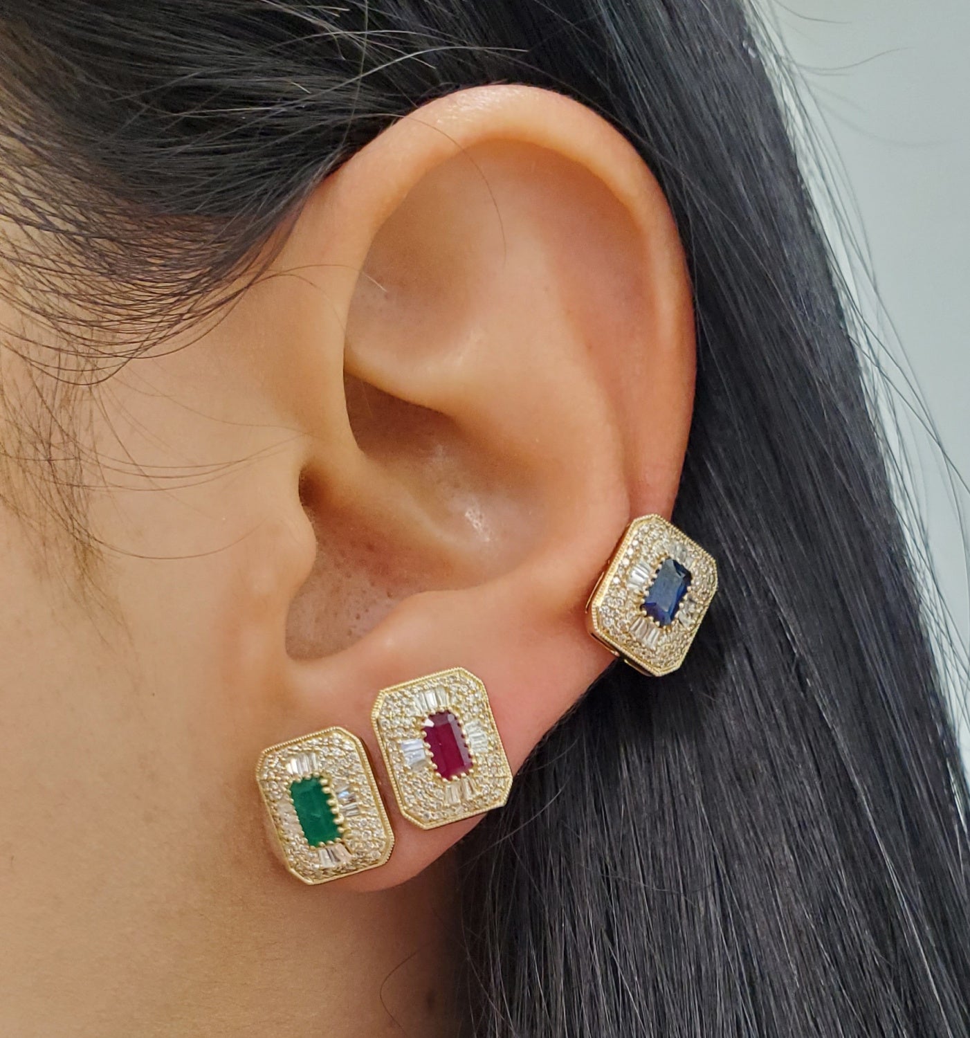 Opulent Mosaic Diamond Halo Step Cut Rectangular Color Stone Earrings