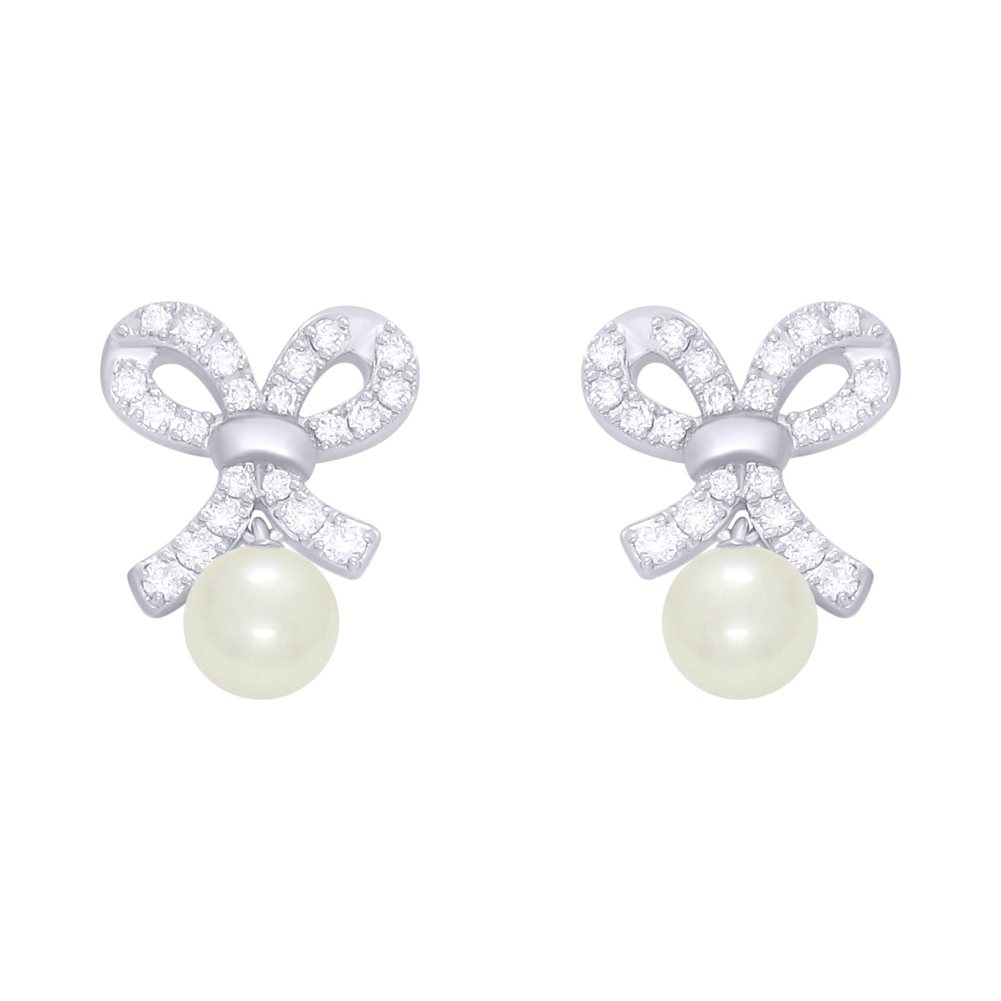 Diamond Bow Pearl Earrings