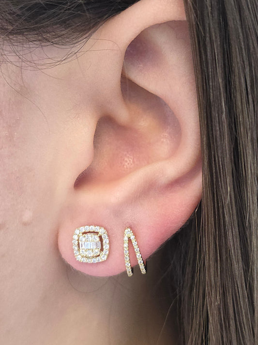 Cushion Halo Diamond Baguette Cluster Earrings