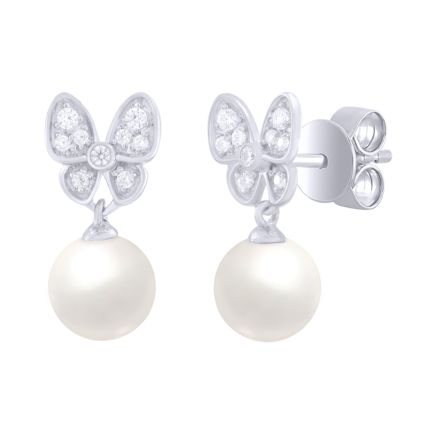 Diamond Butterfly Pearl Dangle Earrings