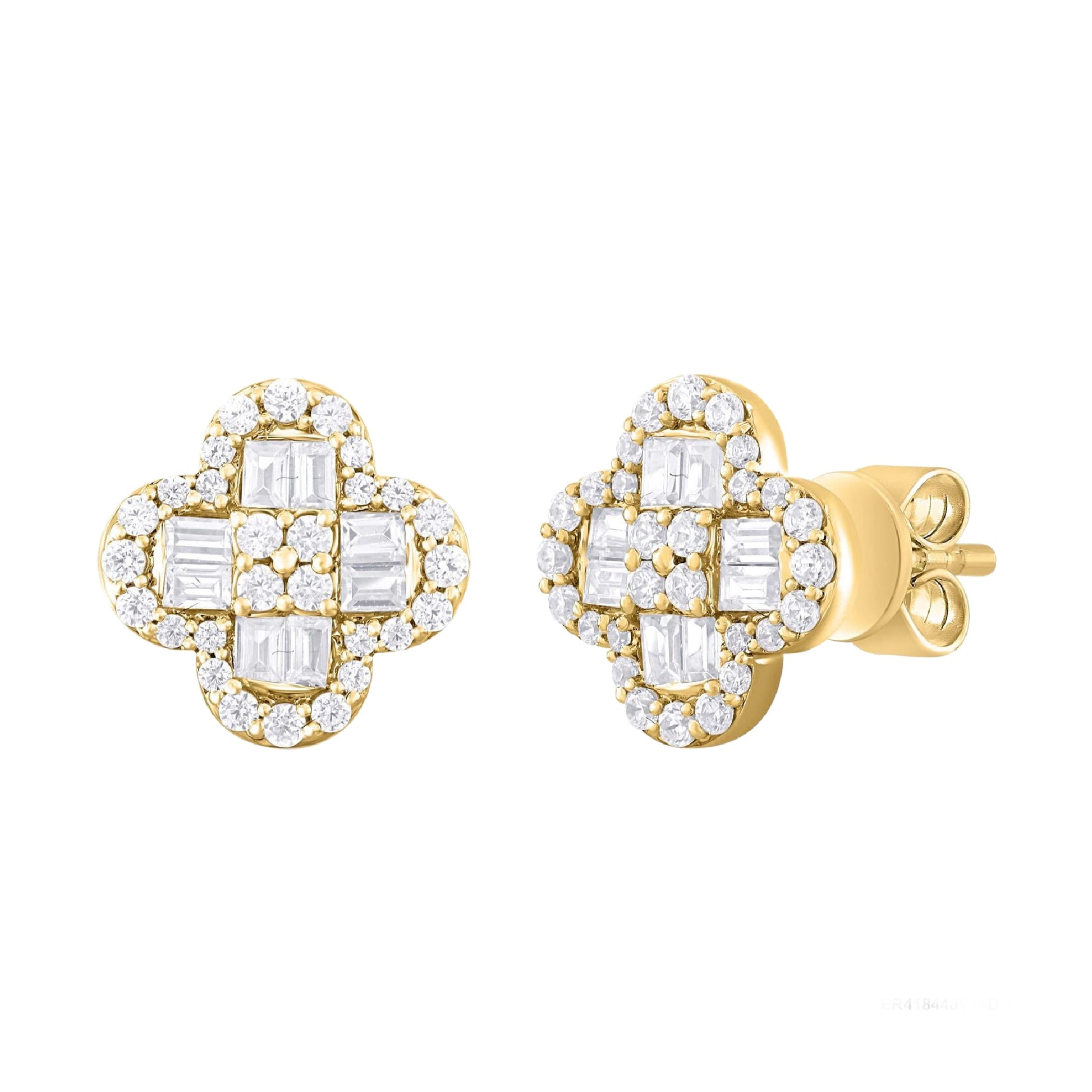 Gold earrings with diamond accents on a white background