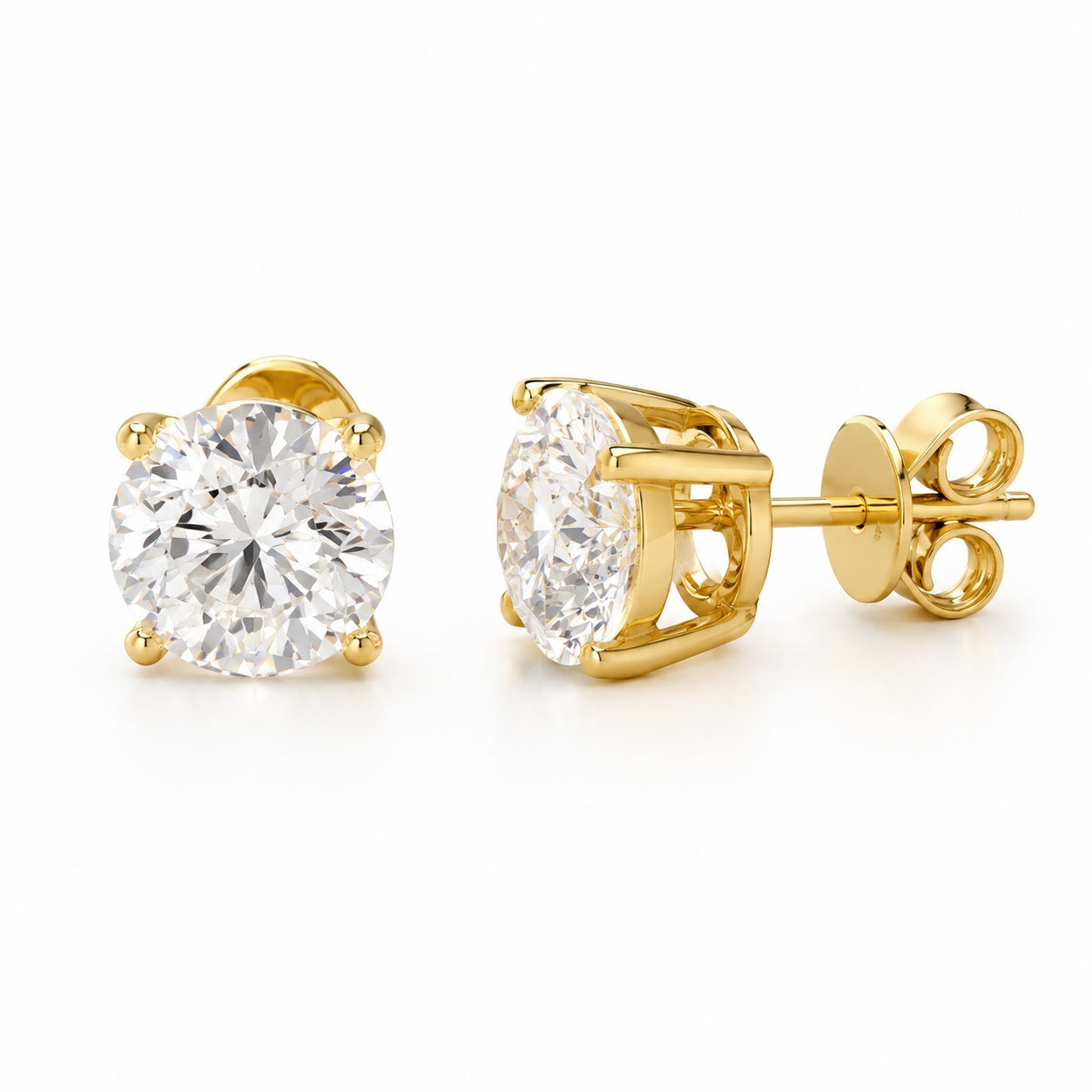 Yellow Gold Classic Round Lab Diamond Solitaire Stud Earrings 3.92cts tw