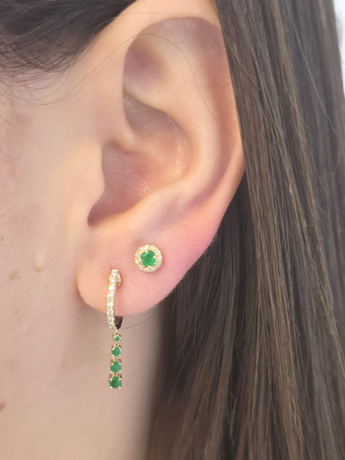 Gold Diamond Huggie Earrings with Dangling Color Stones