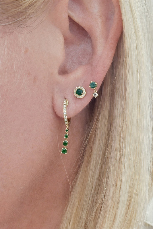 Round Halo Emerald and Diamond Earrings and Necklace Jewelry Set 14K Gold