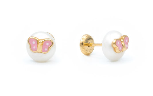 Enameled Butterfly on Pearl Stud Baby Earrings