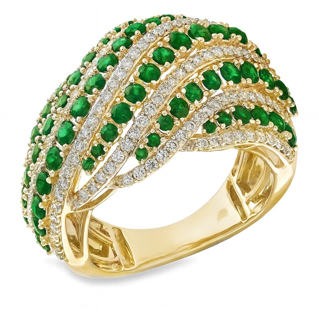 14K gold flowing wave dome ring with natural emerald and diamond accents – luxury statement jewelry.