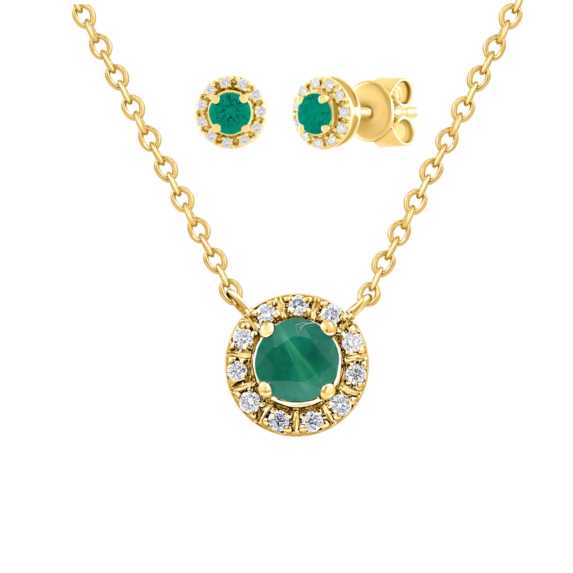A set of 14K gold jewelry including round halo emerald and diamond earrings and a matching necklace with a central emerald surrounded by a halo of diamonds.