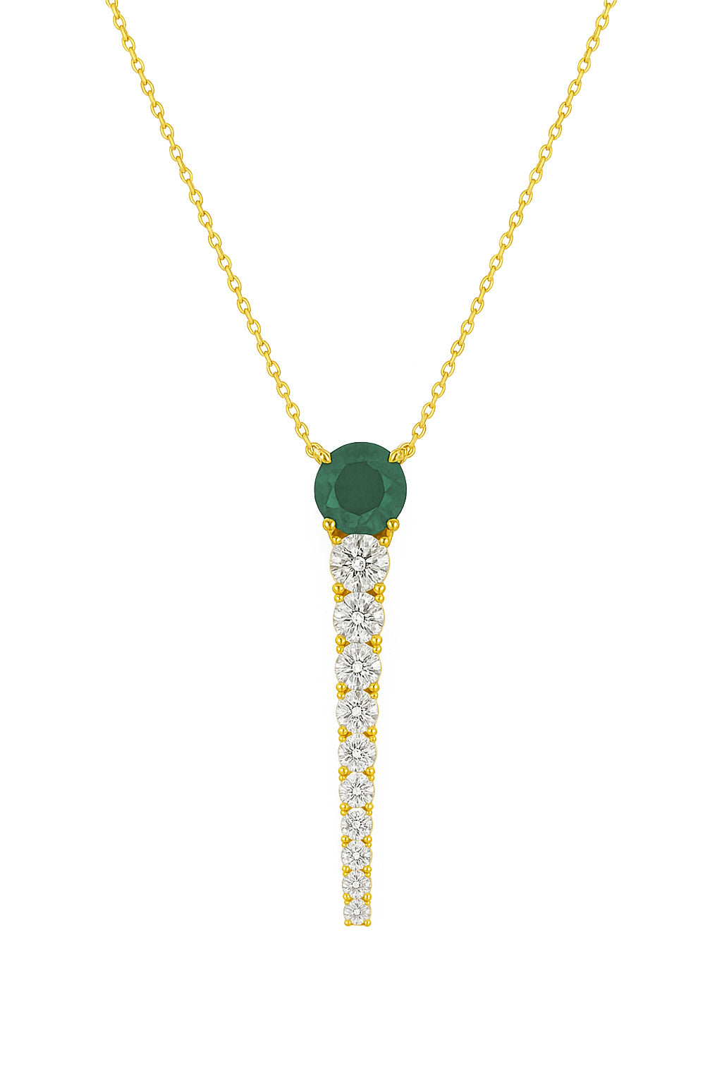 Gold necklace with a green emerald gemstone and diamond-studded pendant on a white background