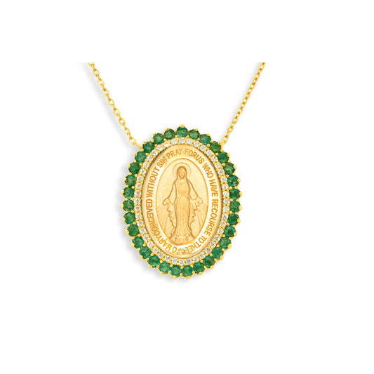 Gold necklace with a pendant featuring emeralds and diamonds with a Miraculous Medal religious figure on a white background