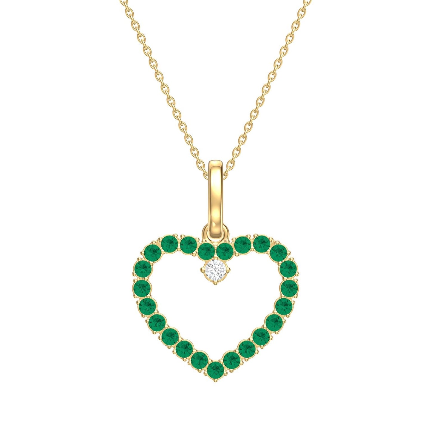 Heart-shaped pendant with green emerald gemstones and a diamond, on a gold chain against a white background.