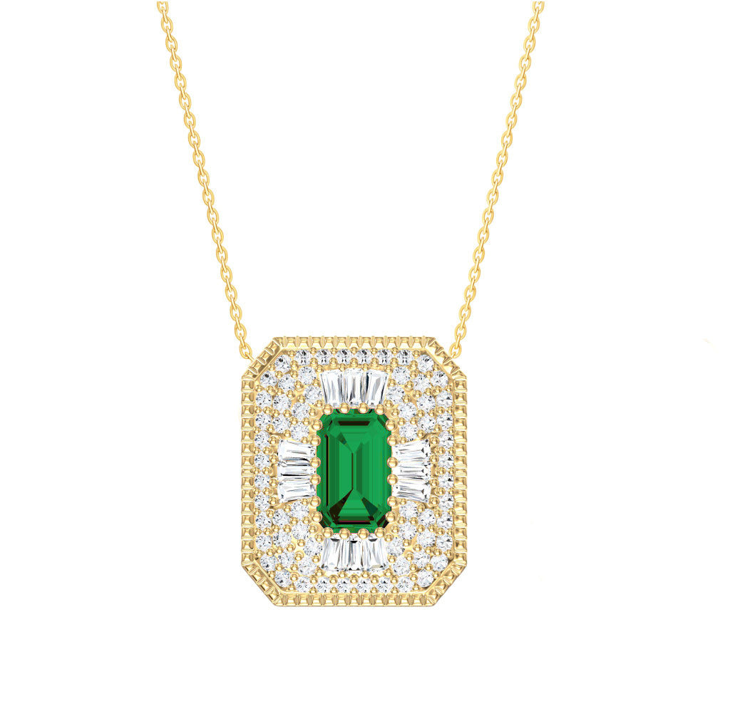Gold necklace with a green Emerald gemstone and diamond accents on a white background