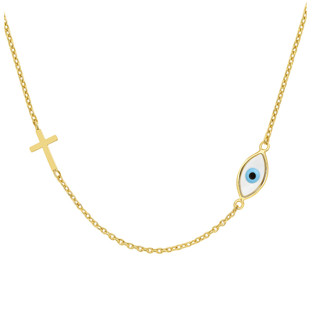 Gold necklace with a cross and eye pendant on a white background