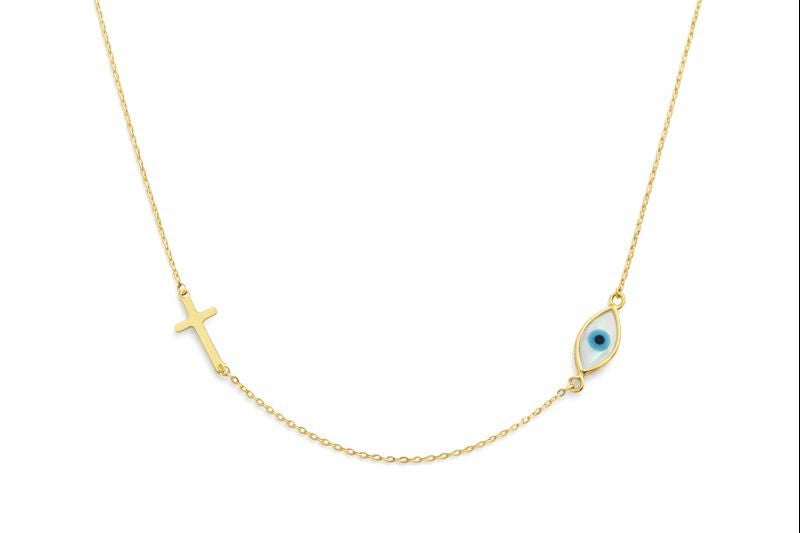 A 14k gold necklace featuring a mother of pearl evil eye charm and a cross charm on a chain.