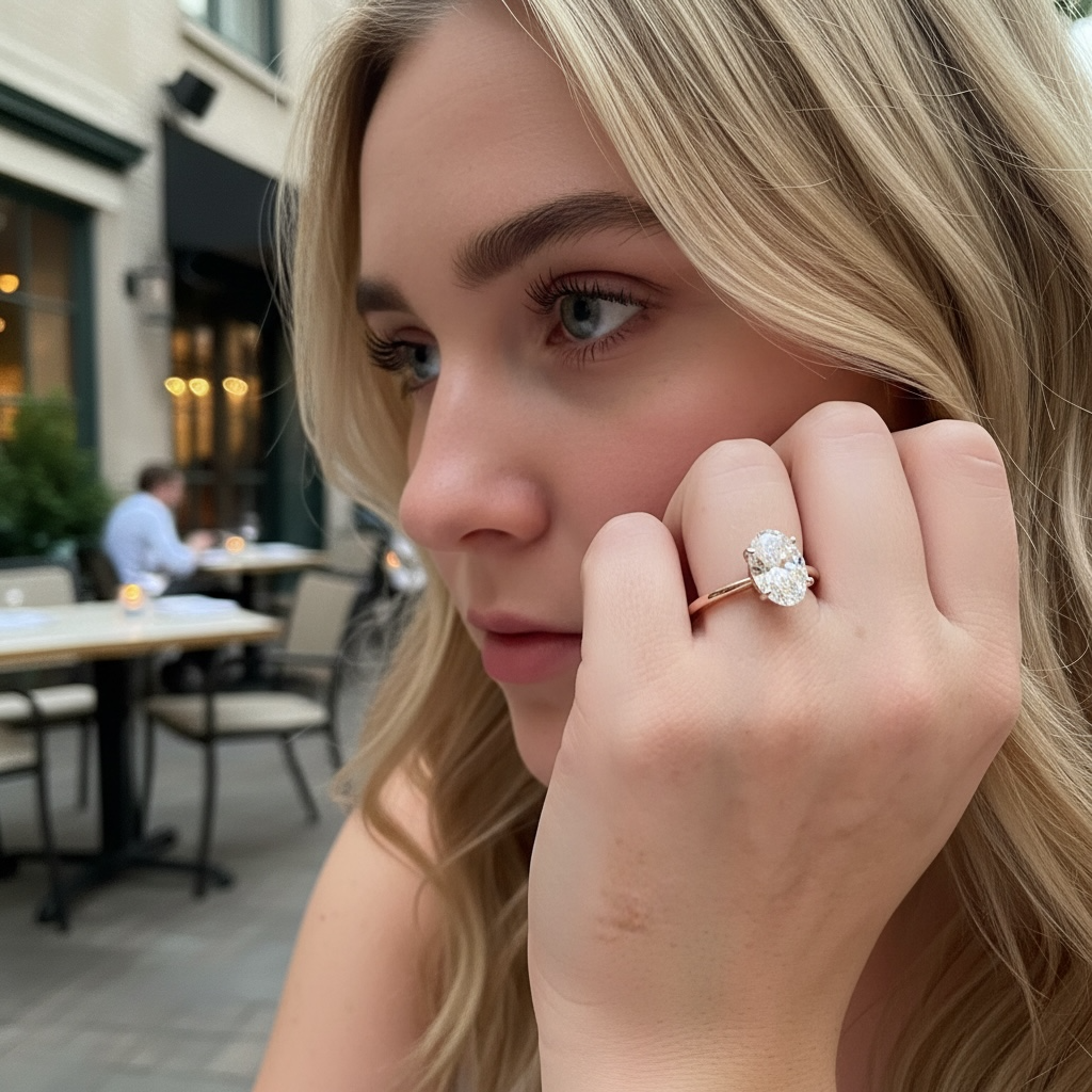 A close-up lifestyle shot of a blonde woman wearing a yellow gold engagement ring with a large oval cut lab grown diamond gemstone on her finger, set against an outdoor cafe background.